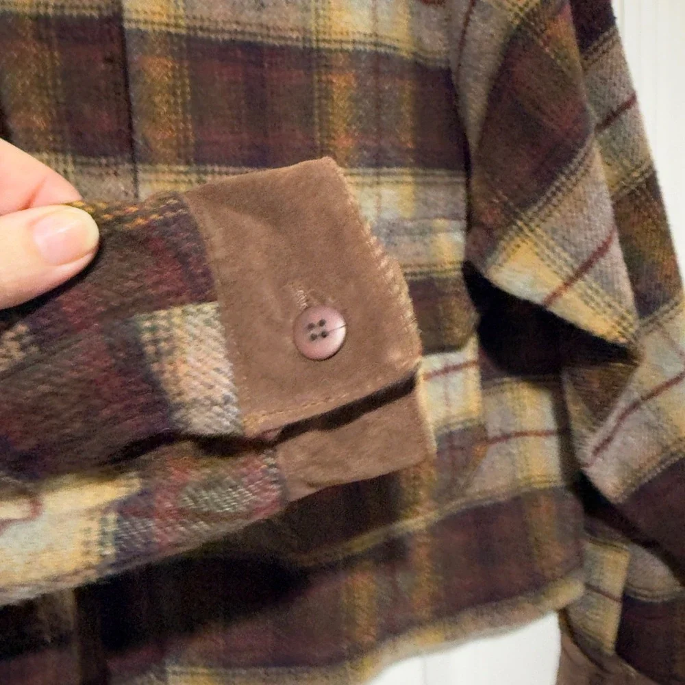New York Style Plaid Jacket Womens M Brown Suede Collar Button‎ Front Cropped - Picture 5 of 7